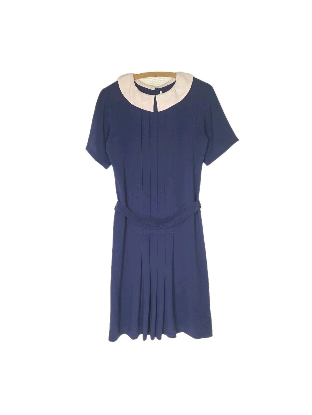 Vintage 1990s Cacharel Dress Navy Pleated Rayon Button On Linen Collar 30s Style